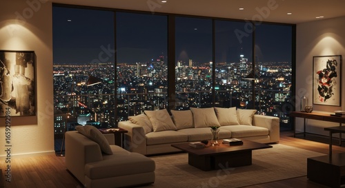 Night city panorama seen from luxurious apartment, lit by spotlights