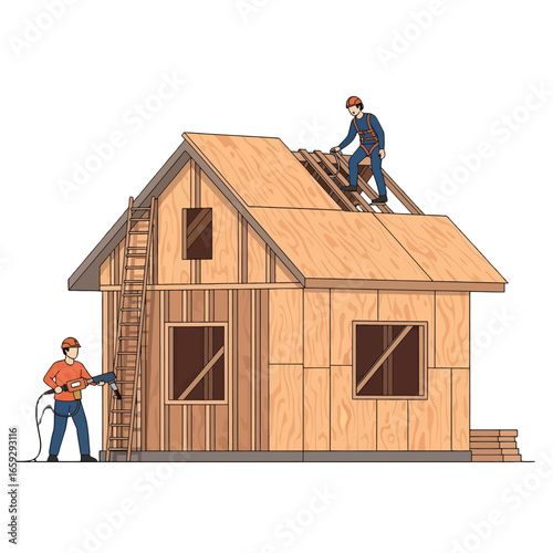 Construction Workers Building a Wooden House Structure with Ladder and Safety Helmets on a Sunny Day Pixel Art Isometric