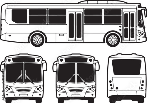 Detailed Bus Vector Illustration with Front, Side, and Rear Views in Black