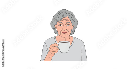 Elderly Woman with Gray Hair Holding a Cup of Tea in a White Background in Digital Art Style