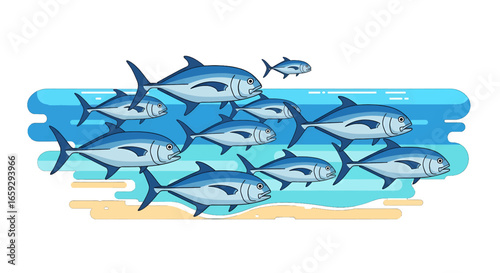 School of Pixelated Blue Fish Swimming Together in the Ocean with Graphic Water Wave and Sandy Beach Background