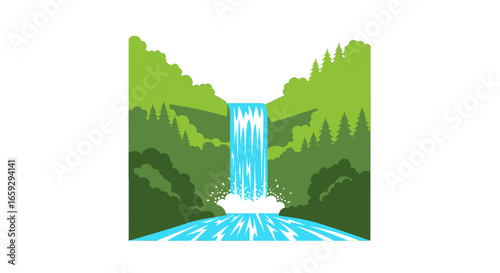 Pixel Art Waterfall Cascade with Green Trees and Lush Vegetation in a Natural Landscape
