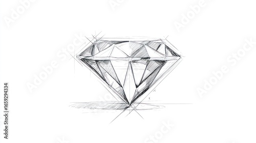 Pencil sketch of a diamond with facets and shading isolated on a white backdrop