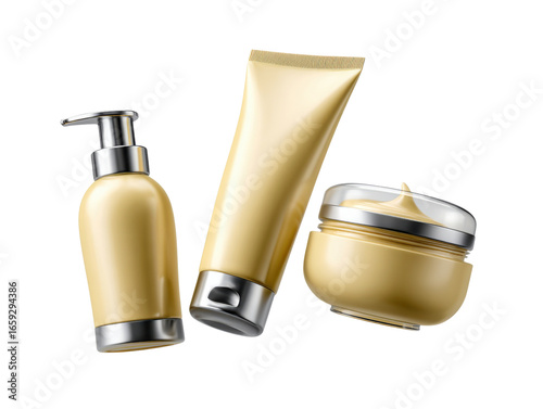 Skincare Essentials: A collection of elegantly designed skincare products, showcasing a moisturizer jar, a tube of face cream, and a lotion dispenser bottle in a perfect studio shot.