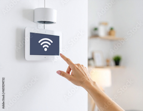 Finger touching screen of smart WiFi router, modern wireless internet connectivity concept