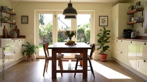 Bright Farmhouse Kitchen Interior with Wooden Table, White Cabinets, and French Doors