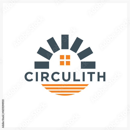 Modern brick house and sunrise logo design with creative typography