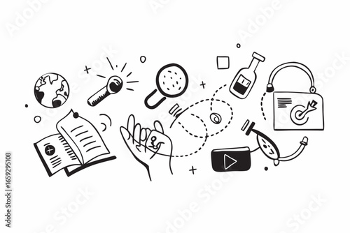 Conceptual doodle elements illustrating ideas, research, analysis, and achieving goals, ideal for business, marketing, and creative projects, offering visual metaphors for success