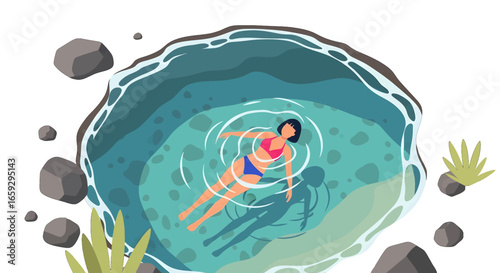 Woman in Bikini Floating in Teal Pixelated Water Pool with Rocks Green Vegetation and Coastal Serenity in Bright Daylight