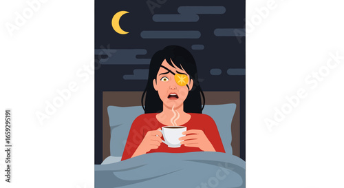 Pixel Art of a Nighttime Scene of a Woman in Bed with an Eye Patch Holding Cup of Coffee in a Sleepy Dark Blue Room