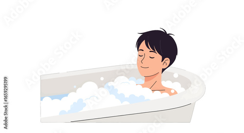 Man Relaxing in a Bubble Bath Pixel Art Style Vector Illustration Bathtub with Foam and Water on White Background