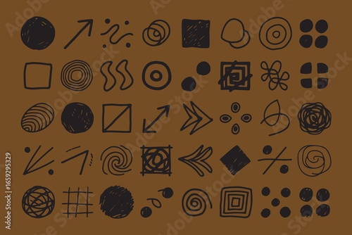 Collection of hand drawn abstract geometric shapes and symbols on brown background