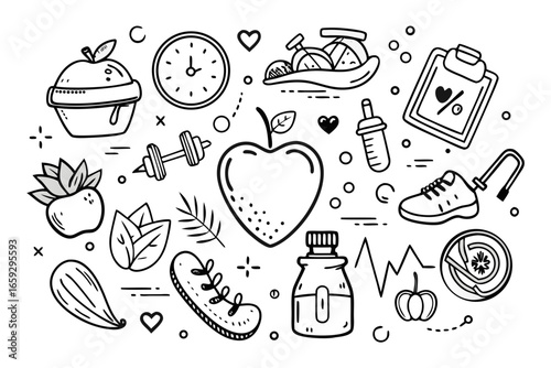 Healthy lifestyle elements including heart, food, exercise, and supplements creating a vibrant and active wellness routine, perfect for promoting health and fitness goals