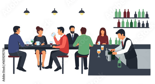 Pixel Art Depiction of People Gathering at a Dark Bar with Drinks and Blurred Background Featuring Bottles and Alcohol on Shelves