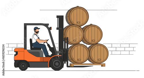 Orange Forklift Lifting Stacked Wooden Barrels Driven by Man in Warehouse for Logistics and Transportation on White Background Illustration