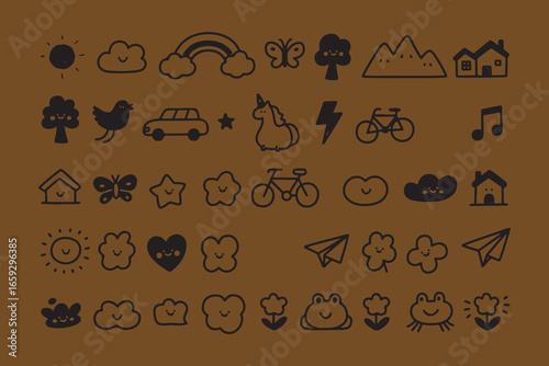 Collection of hand drawn doodle icons representing nature travel and everyday life