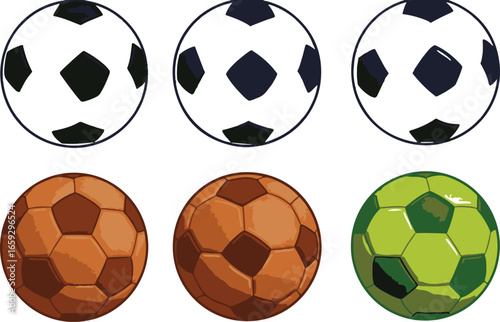 Six soccer balls in different colors and textures arranged in two rows on a white background football