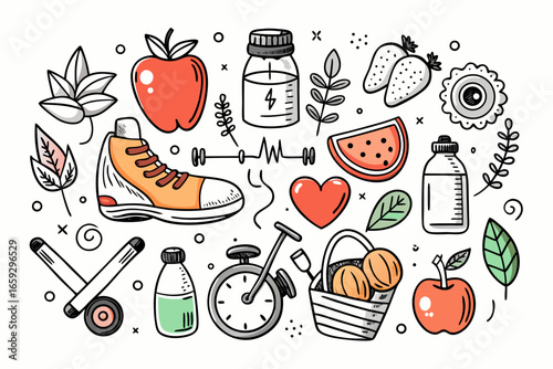 Vibrant hand-drawn healthy lifestyle elements including food, fitness, and wellness icons for design projects, social media, and health campaigns