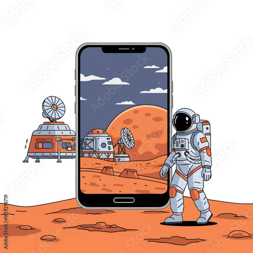 Pixel Art Astronaut Exploring Mars on Smartphone Screen Digital Illustration of Red Planet Landscape