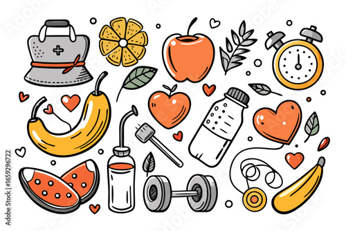 Healthy lifestyle elements with fruits, alarm clock, weights, and hearts, promoting wellness, fitness, and a balanced diet for a vibrant life, perfect for blogs and health promotions.