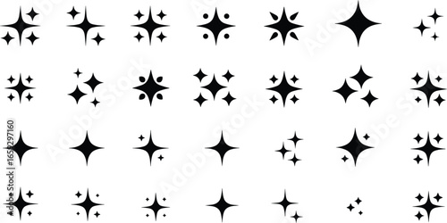 A collection of sparkling star icons in various sizes and orientations, perfect for adding a touch of brilliance and elegance to your design projects. 