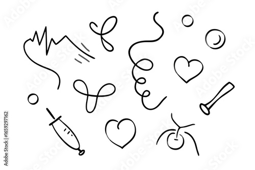 Hand-drawn medical symbols, abstract shapes, and heart illustrations for healthcare, wellness, and creative design projects, perfect for medical concepts and innovative visuals