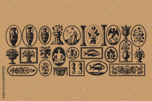 Collection of antique oval and rectangular decorative motifs