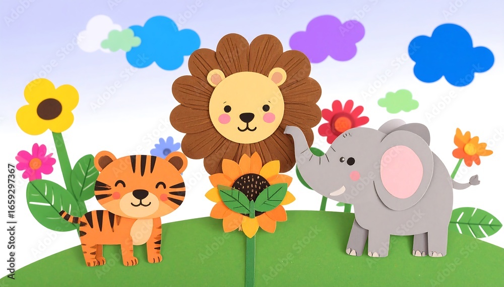 Fototapeta premium Cute paper animals in a colorful landscape