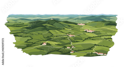 Lush Green Pixelated Landscape with Rolling Hills and Winding Roads Underneath a Clear Sky in a Rural Setting Featuring Farmhouses and Forests