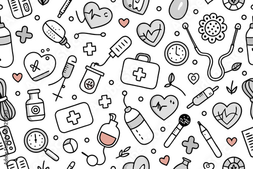Medical healthcare elements seamless pattern background with hearts, stethoscopes, and medical tools suitable for designs, wellness, and health concepts