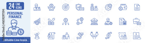 Personal Finance web icons in line style. Contains icons as personal finance, finance, income, budget, insurance, money, savings, financial, investment, pension fund and more. Vector illustration.