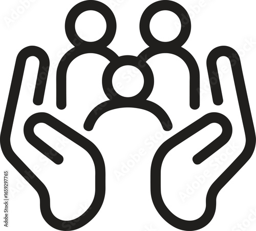 Minimalist line art icon of hands protecting a group of people, symbolizing community support, family care, social welfare, and insurance. Vector illustration for teamwork 