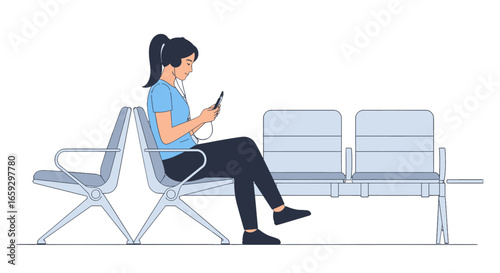 Woman Using Mobile Phone While Sitting on Metal Chair in Waiting Area with White Background