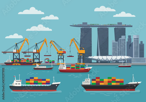 Vector illustration of a bustling seaport with container cargo ships, port cranes, and a futuristic city skyline representing global trade and logistics.