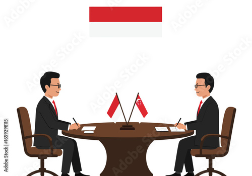 Bilateral Agreement A Vector Illustration of Indonesian and North Korean Representatives at a Table with Flags