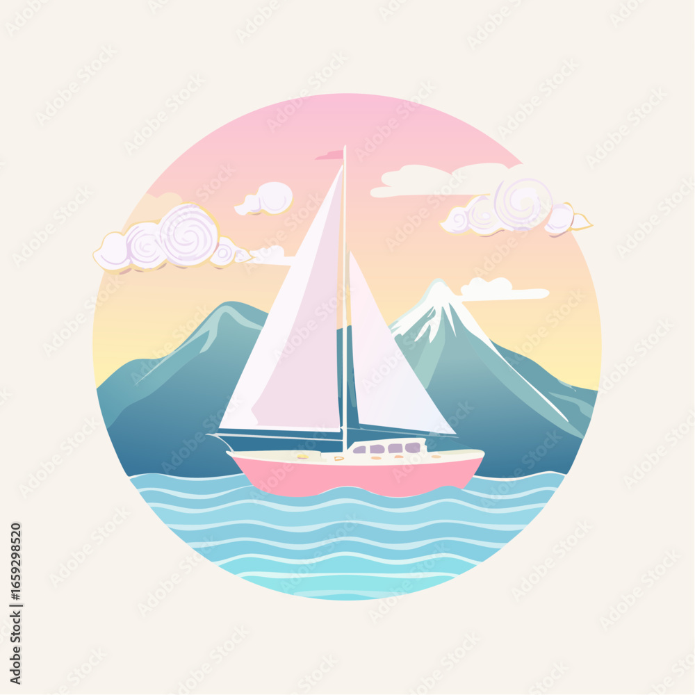 Fototapeta premium Cartoon retro boat with white sails 1