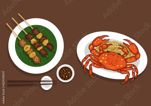 Illustration of a traditional Southeast Asian meal featuring grilled meat satay skewers and a whole red crab on fried rice.