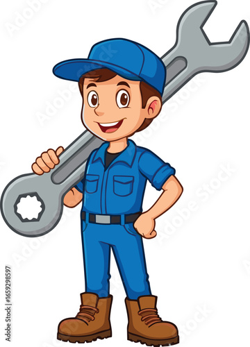 Skilled Mechanic in Blue Uniform Holding a Large Adjustable Wrench Over His Shoulder, Ready for Repair Work