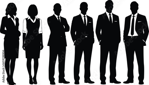 Silhouettes of business professionals in formal clothing, corporate team vector illustration, office staff group, black white isolated artwork design