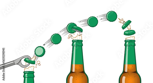 Animated Illustration of Opening Beer Bottle Caps with Green and Amber Hues Against a White Background