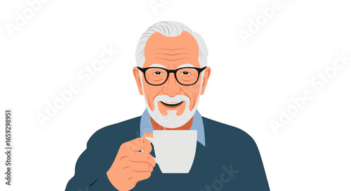 Cheerful Elderly Man with Gray Hair Holding a Coffee Mug Wearing Glasses and Blue Sweater in a Brightly Lit White Background