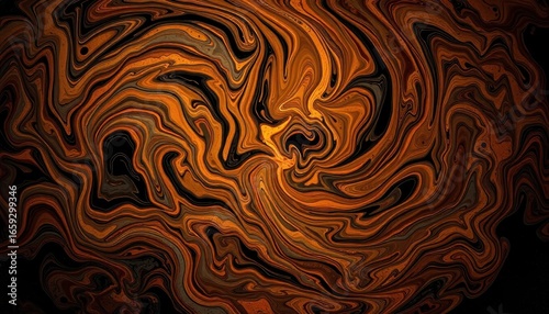 Abstract texture with fluid and swirling effect in shades of orange and black