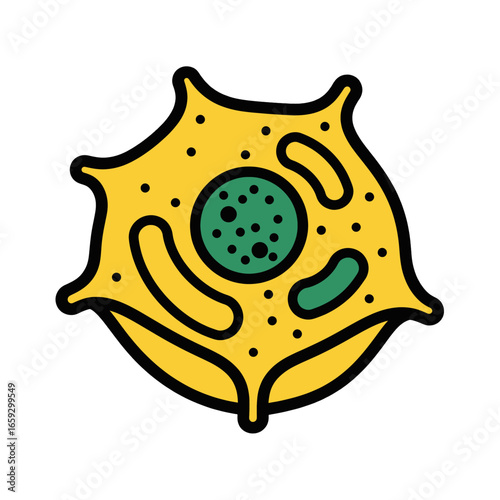 Bright Yellow Cell Illustration with Green Nucleus and Distinct Membrane Biology Science Microscopy Isolated on White