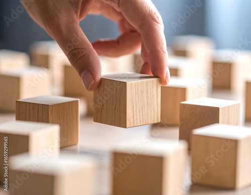 Hand holding a wooden block among others