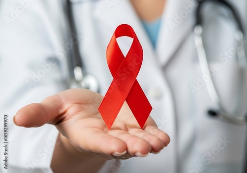World heart day doctors hand holding a red ribbon, a symbol of awareness and support for hivaids and other causes