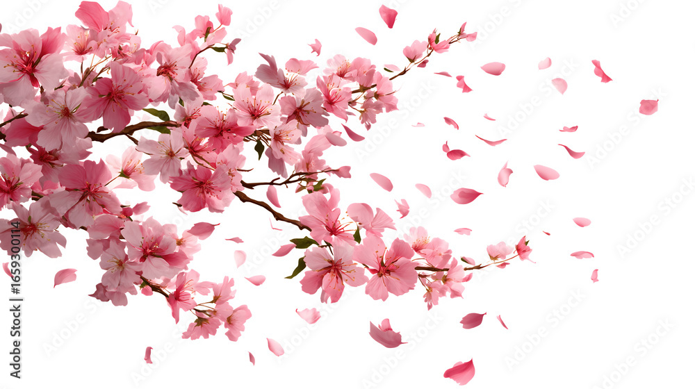Fototapeta premium Pink cherry blossoms with petals gently floating in the air 