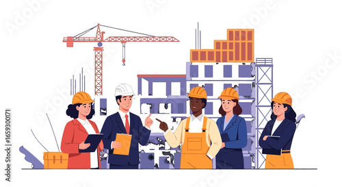 Diverse Construction Team in Hardhats and Orange Vest on Building Site Inspecting Project Blueprint with Crane Background