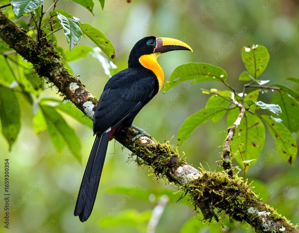 Naklejka premium Collared Aracari Perched on Branch in Rainforest