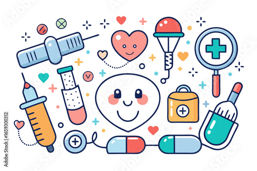 Cheerful medical illustrations with smiling heart, pills, syringes, and first aid kit, perfect for healthcare branding, patient education, and wellness campaigns needing vibrant, friendly visuals