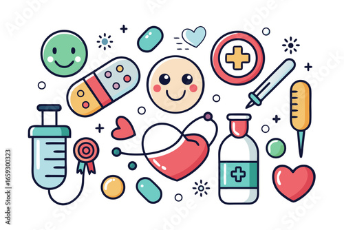 Cute and colorful medical icons representing health, wellness, and care, perfect for healthcare marketing, patient education, and medical infographics.